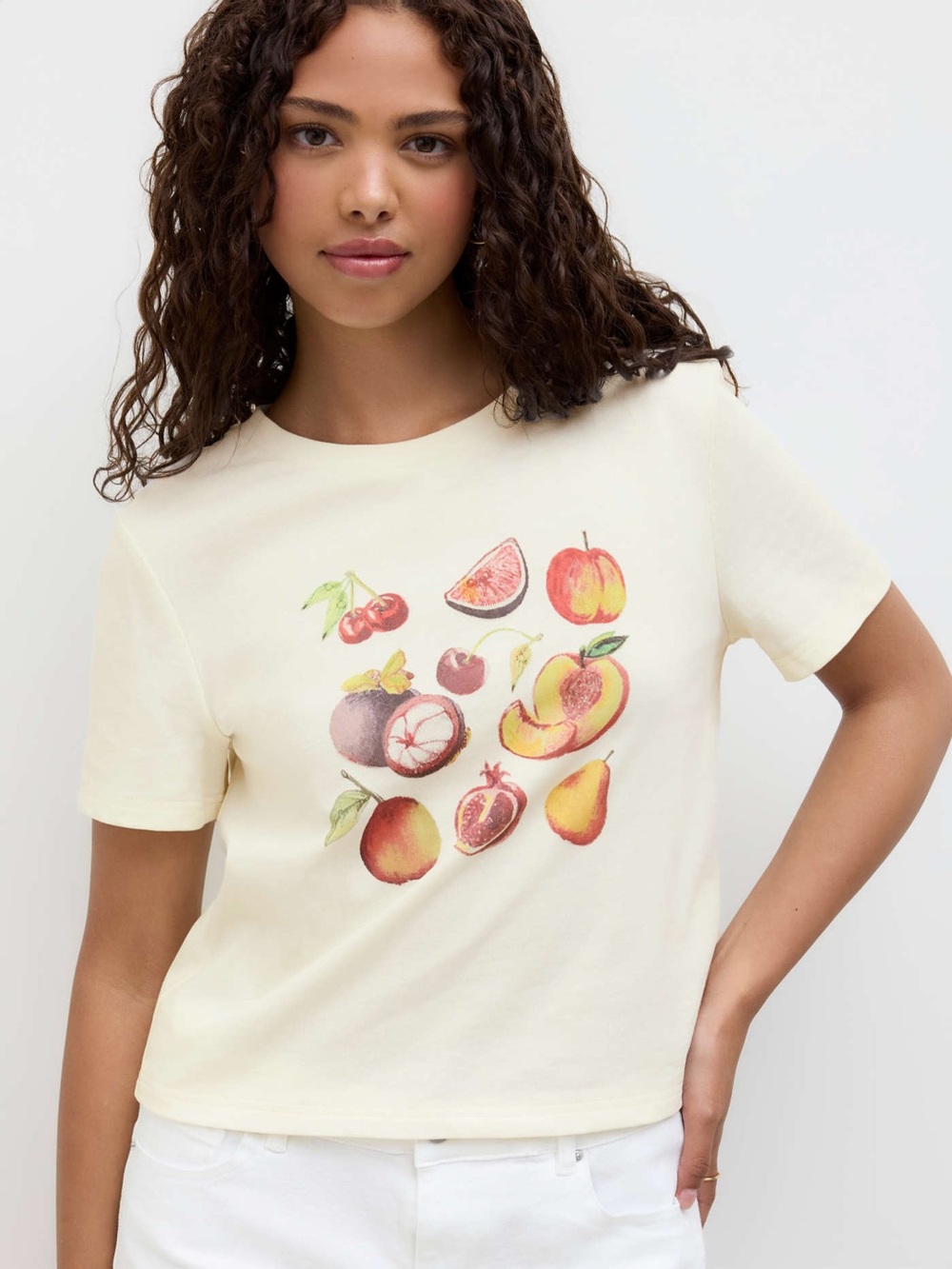 🍓Cider Women’s Cream Fruit Print Cropped Short Sleeve Graphic Tee XL